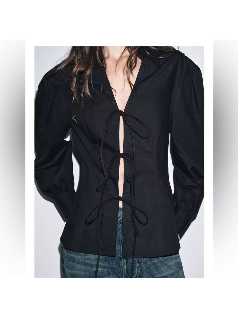 Zara POPLIN SHIRT WITH TIES ZW COLLECTION black Sz M